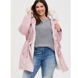 Torrid Twill Fur Trim Parka-Pink-Size 1-NWT